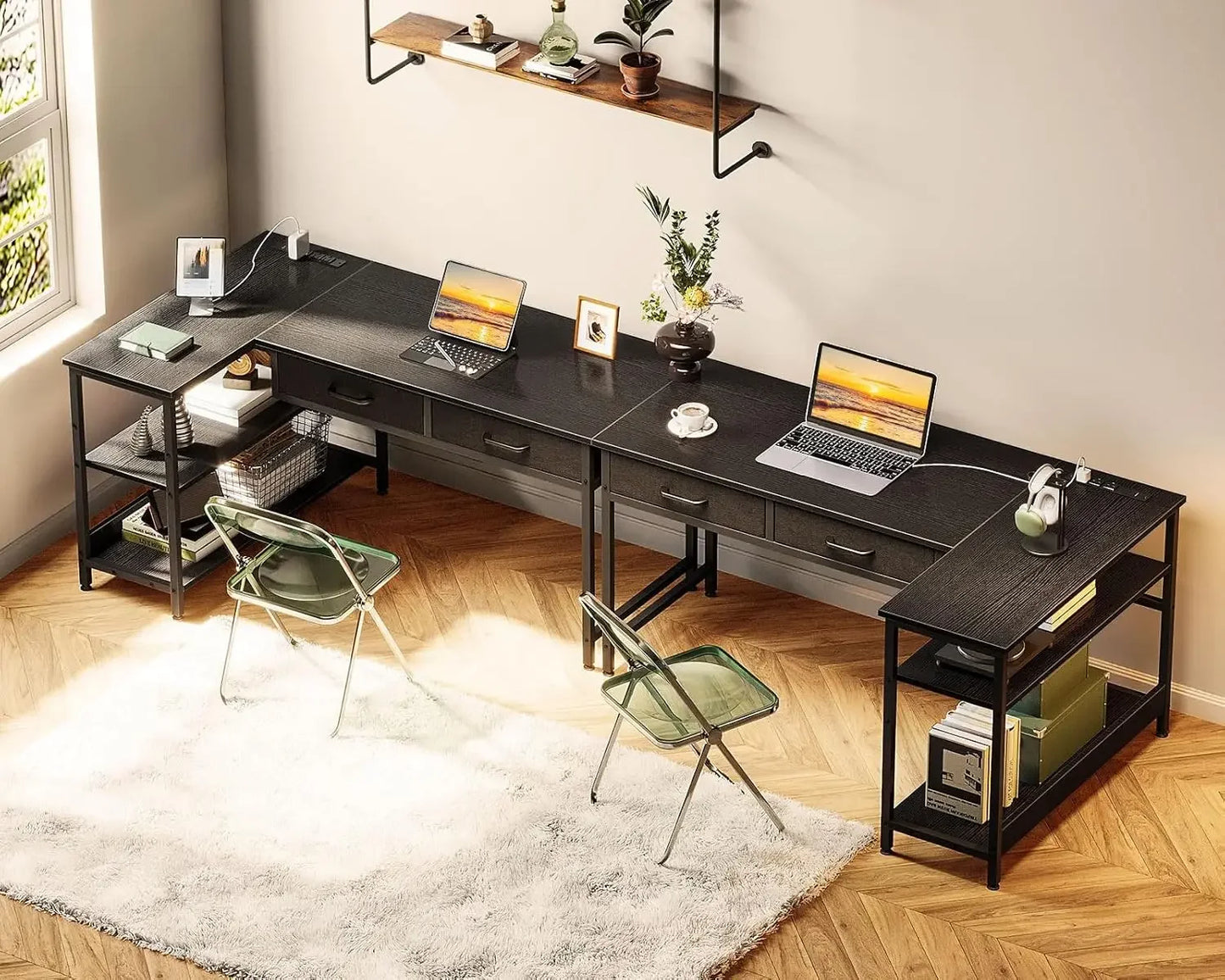 40 Inch L Shaped Computer Desk with 2 Drawers, Small Desk for Small Space, Home Office Table for Laptop Users, Black