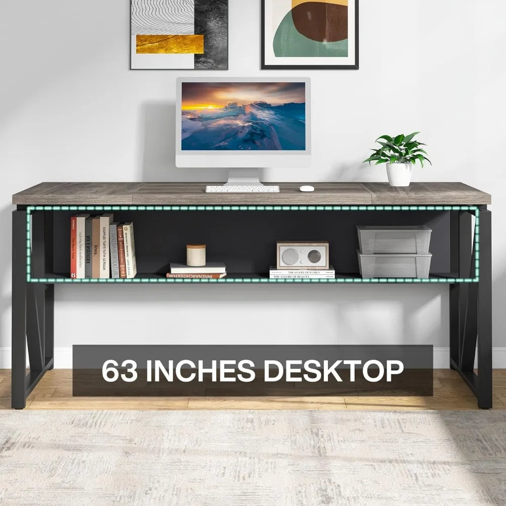 63 inches Computer Desk with Bottom Storage Shelf Home Office Desk Writing Table for Workstation,Dark Walnut + Steel Leg， Cabin