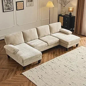 110" Sectional Couches, U Shaped Couch with Double Chaise, 4-Seat Sofa Set with Chenille Fabric