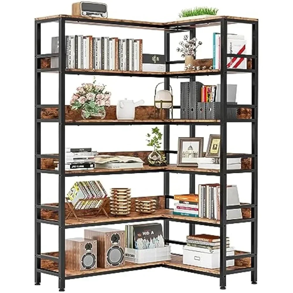 Bookshelves 6 Tiers Corner Bookcases with Baffles Etagere Shelf Storage Rack with Metal Frame for  Home Office