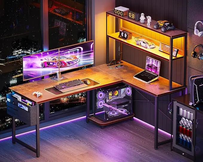 53 Inch L Shaped Desk with LED Lighting, Reversible Gaming Desk with Power Outlets, Cornor Computer Table with Storage Shelves