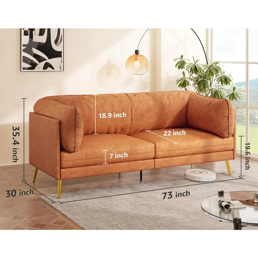 "73" Mid-Century Loveseat - Orange Fabric with Solid Wood Frame, Tool-Free Assembly for Office/Apartment"