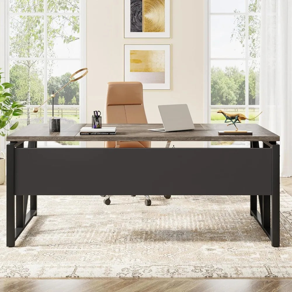 63 inches Computer Desk with Bottom Storage Shelf Home Office Desk Writing Table for Workstation,Dark Walnut + Steel Leg， Cabin
