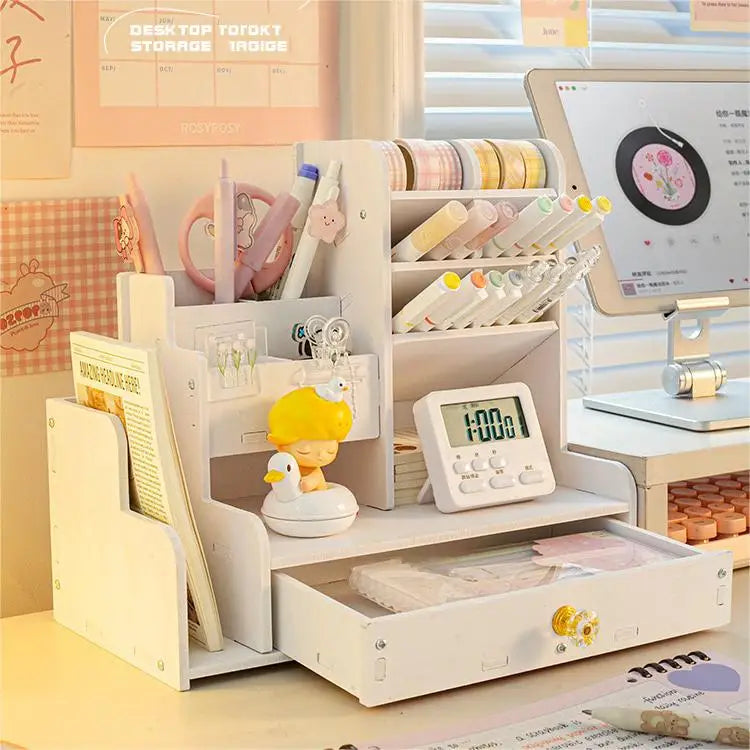 Desk Organizer, DIY Desk Organizer with Drawer - Multi-Functional Pen Holder, Easy Assembly Office Art Supplies Storage