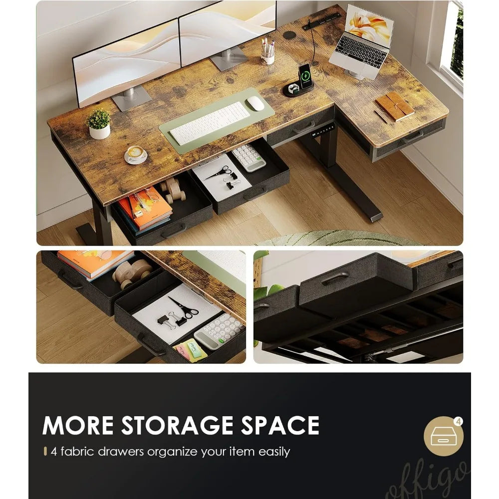 63 Inch L Shaped Electric Standing Desk with Drawers, Height Adjustable Large Desk with Power Outlets, Sit Stand Table