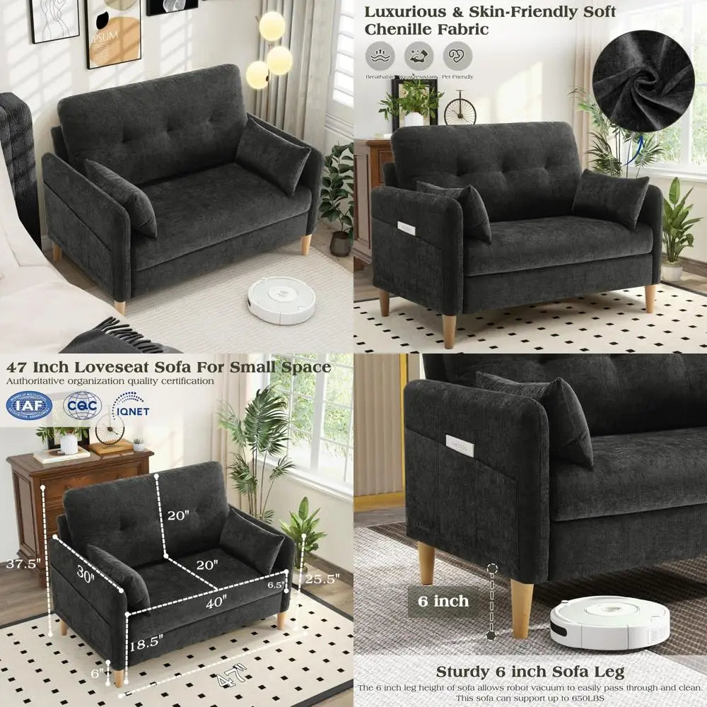 compact 47" loveseat sofa with comfy chenille fabric and removable throw pillow