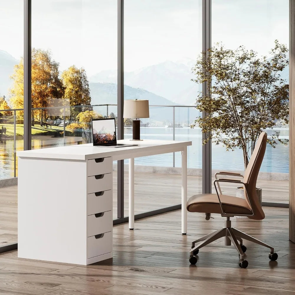 Modern Simple Computer Desk, 47 Inches PC Desk with 5 Reversible Drawers, Rustic Brown Study Writing Table Workstation for Home