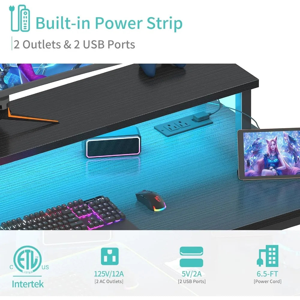 Black Gaming Desk with LED Lights and Power Outlets, 40 Inch Teen Writing Study Table Home Office Desks with Monitor Stand, Com