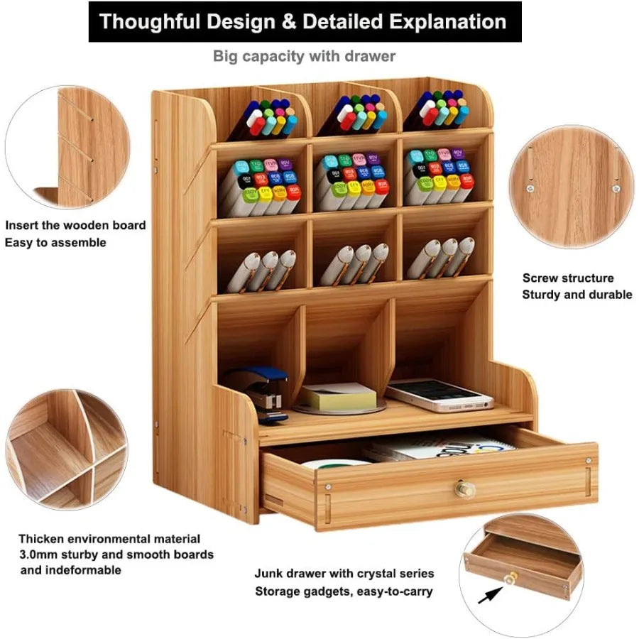 Wooden Desk Organizer Multi-Functional DIY Pen Holder for Home Office Desktop Stationary Storage with Drawer Easy Assembly Desi