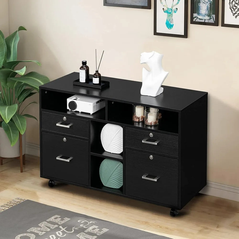 Wood Mobile File Cabinet with 4 Drawers and Shelves, Printer Stand with Open Storage, Locking Lateral Filing Cabinet for