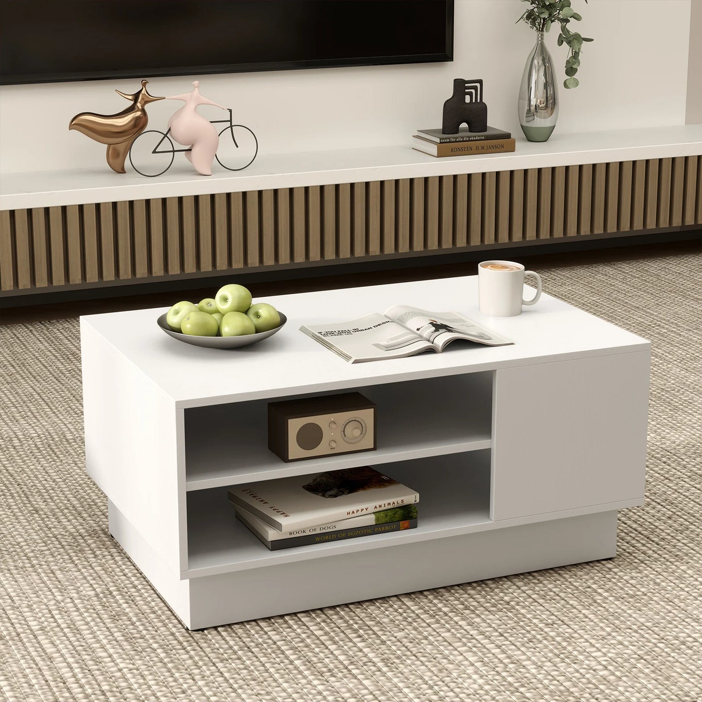34" Long Rectangle Center Table Coffee Table w/ 2-Tier Open Storage Shelves