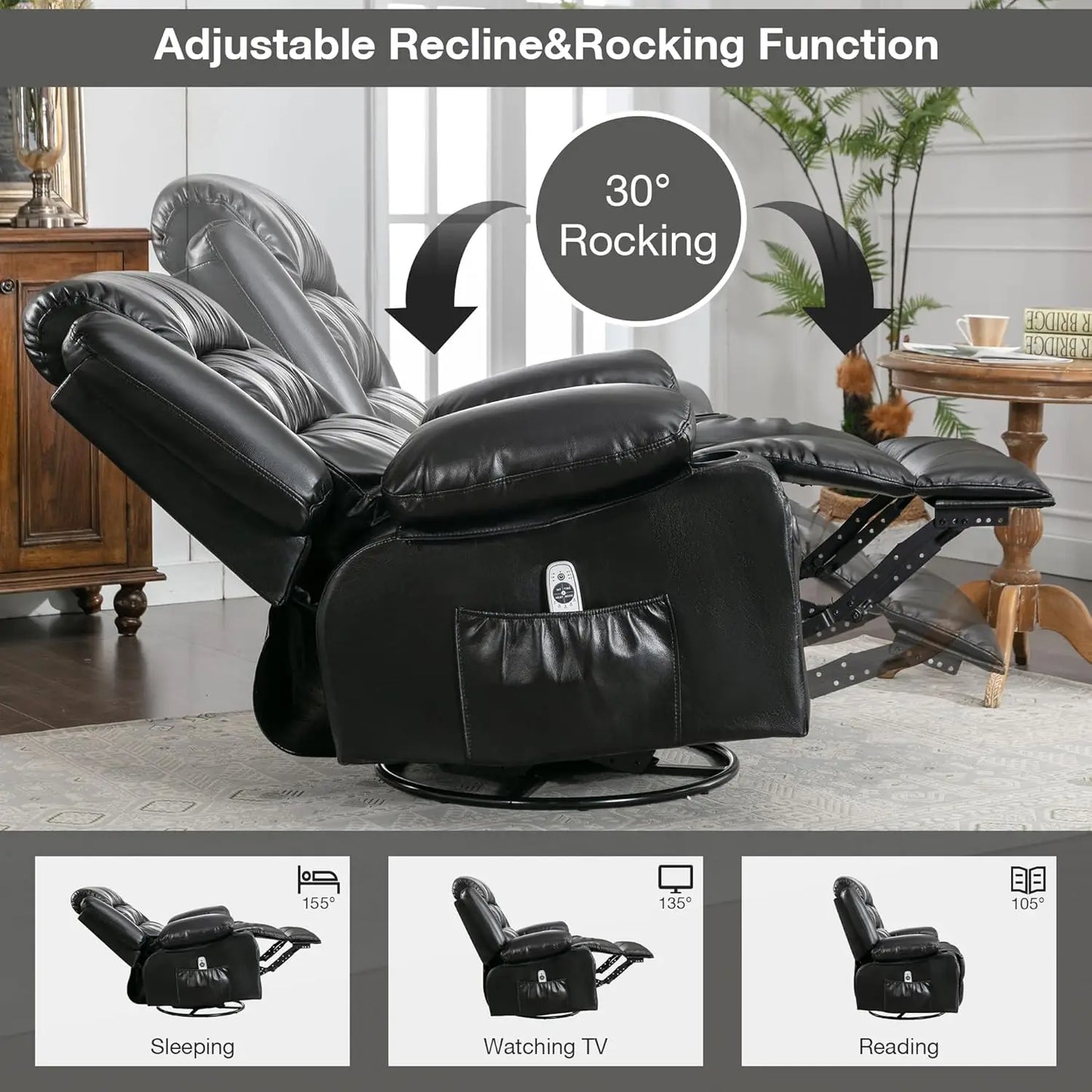 Oversized Massage Swivel Recliner Chair with Lumbar Heating, Rocker Recliner Single Sofa with Cup Holders