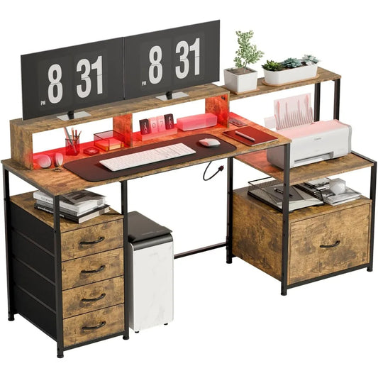 Computer Desk with Drawers, 67 Inch Office Desk with Storage and Power Outlet, Work Table for Home Office, Gaming Desk with Led