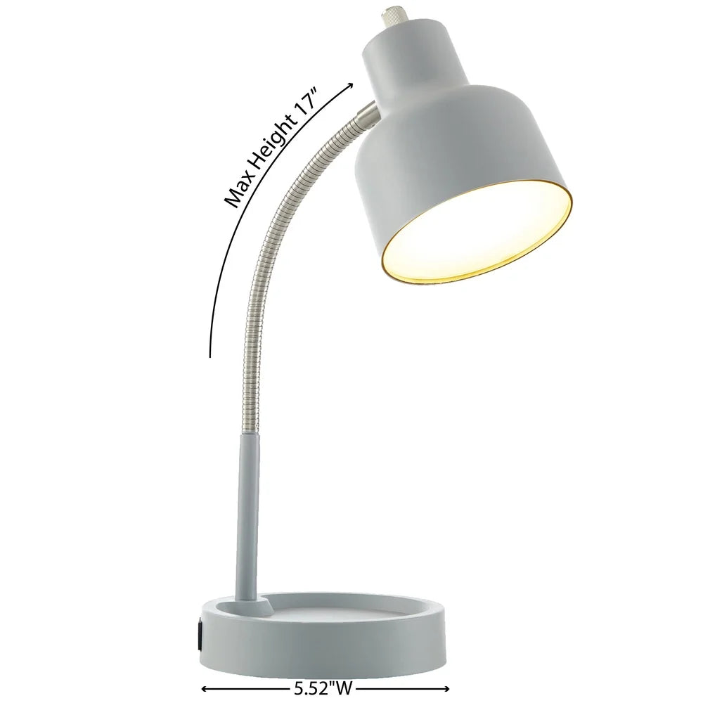 LED Desk Lamp with Catch-All Base AC Outlet Flexible Gooseneck Integrated LED Bulb Energy Efficient Storage Solution Workspace