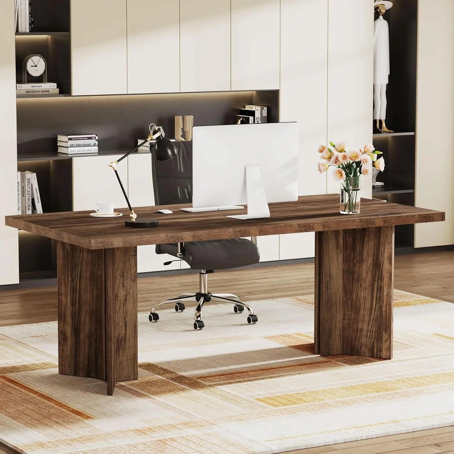 63-inch Executive Desk,Vintage Home Office Computer Desk with Large Tabletop,Farmhouse Wood Writing Conference Table Workstation