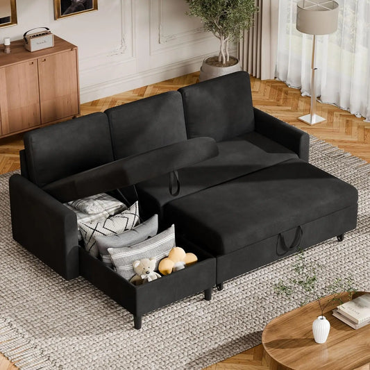 Convertible Sleeper Sofa, Pull Out Couch with Storage, 77" L-Shaped Sofa Bed with Storage