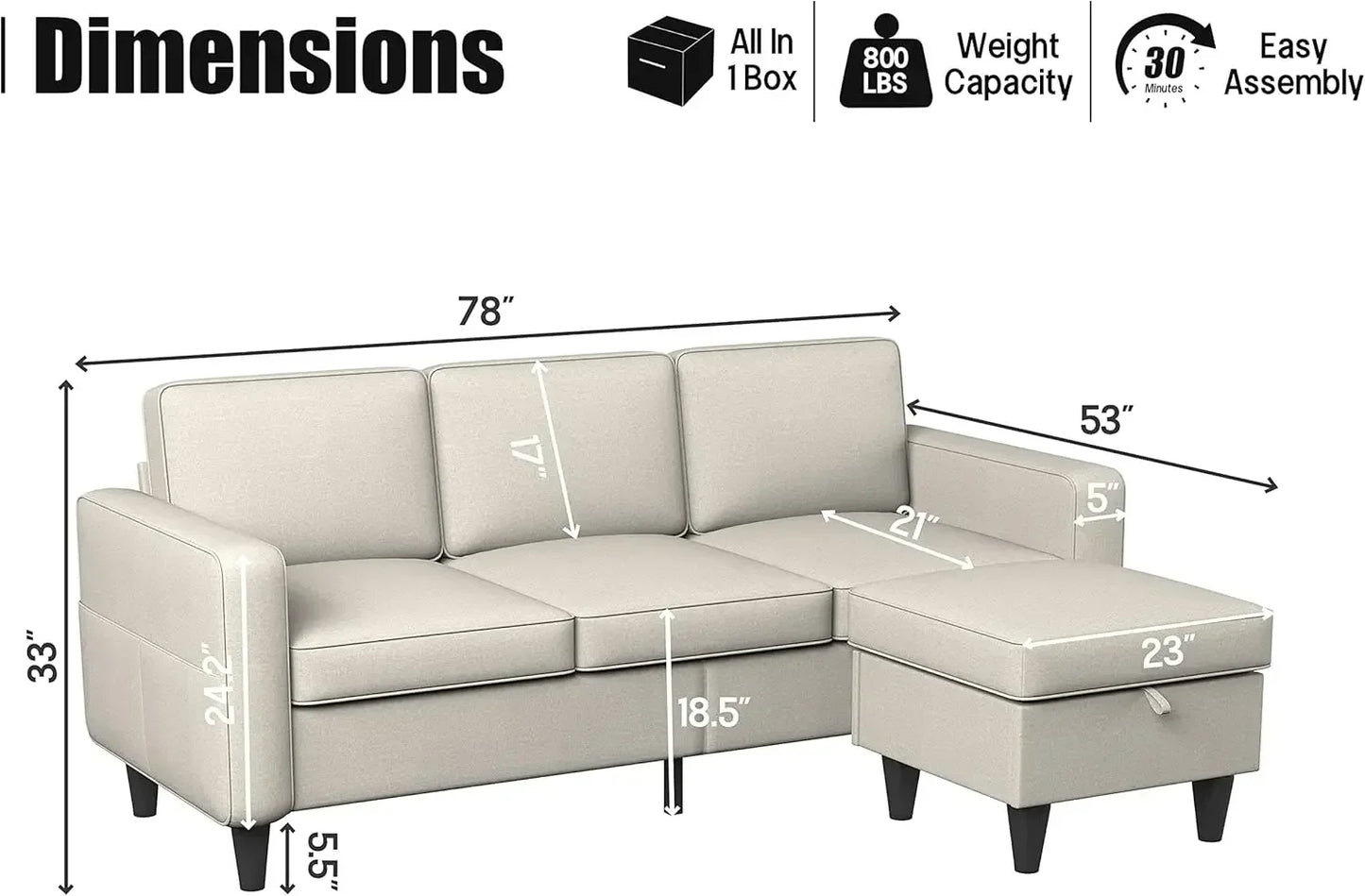 Convertible L-Shaped Sectional, Modern Linen Fabric 3-Seat Sofa Couch Furniture Set with Storage Ottoman