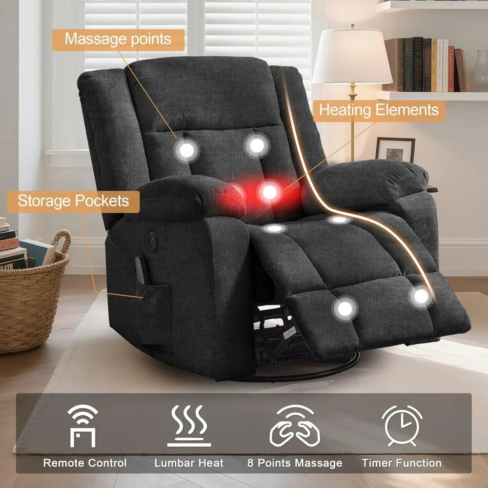 Rocker Recliner, Glider Recliner Chairs for Adults, 360° Swivel Rocking Chair with Massage and Heating, Nursery Chair with Stora