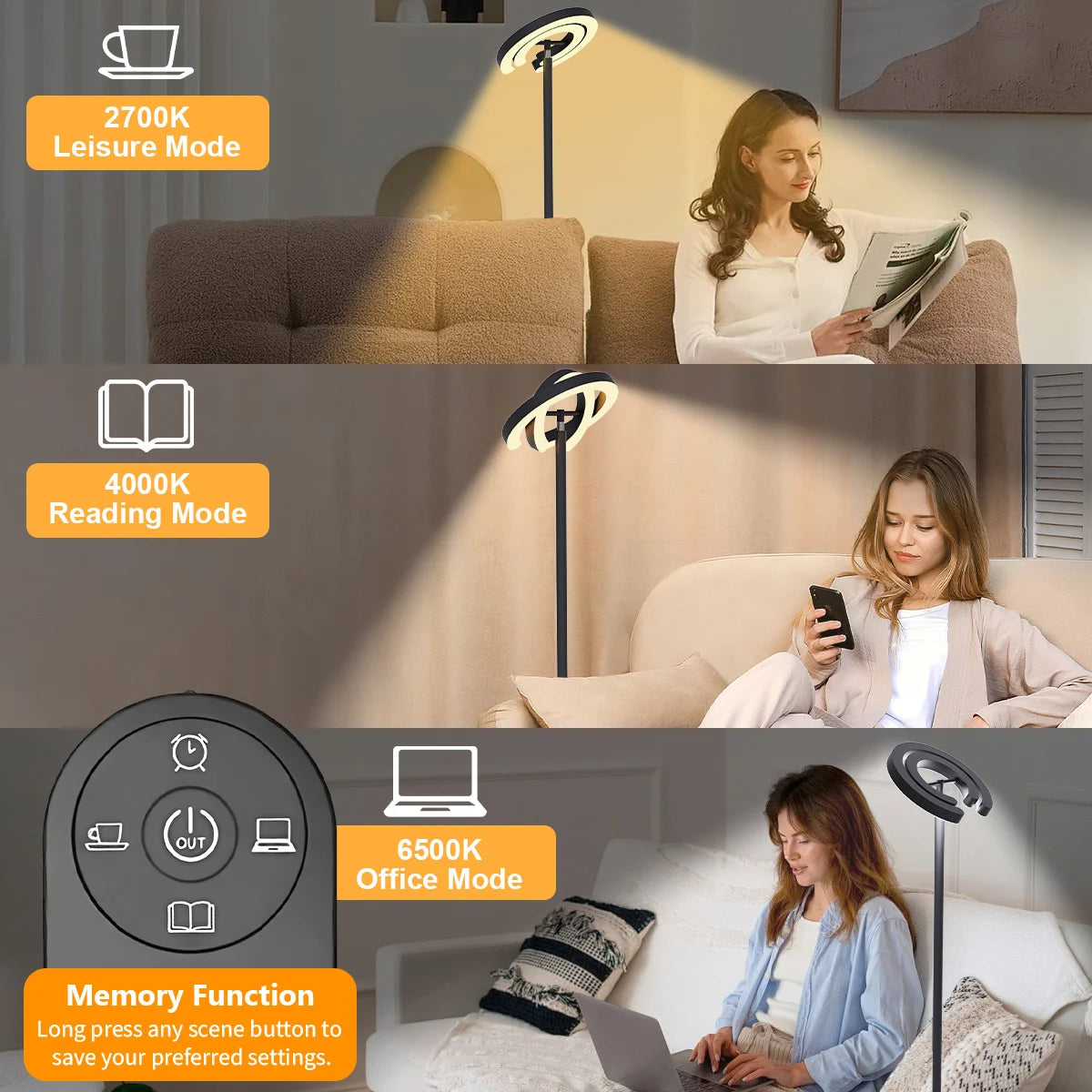 Modern Standing LED Floor Lamp with 2 Rotatable Lights, Remote & Touch Control, Bright Stepless Dimmable, Ideal for Office