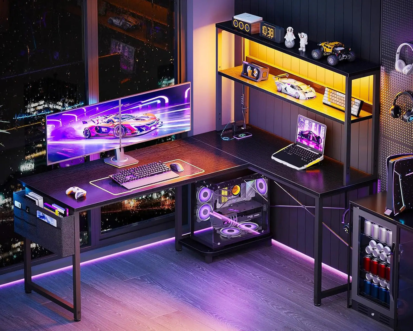 53 Inch L Shaped Desk with LED Lighting, Reversible Gaming Desk with Power Outlets, Cornor Computer Table with Storage Shelves