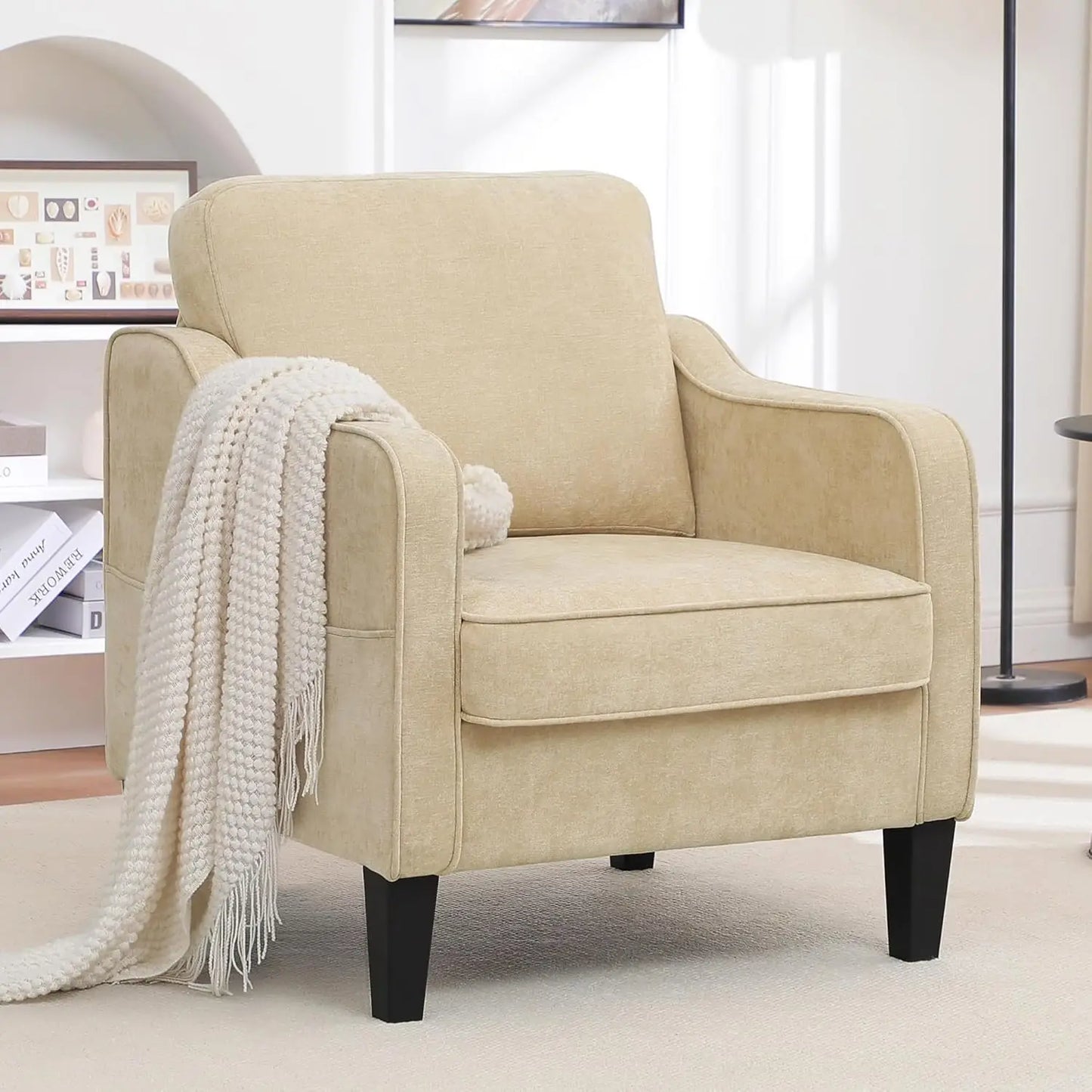 Mid Century Modern Reading Chair for Office, Upholstered Armchair with Side Pockets, Comfy Single