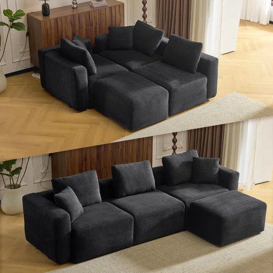 112.2“ Convertible Corduroy Cloud Sectional Couches with Movable Ottoman, L-Shaped Upholstered Sofa with Deep Seat