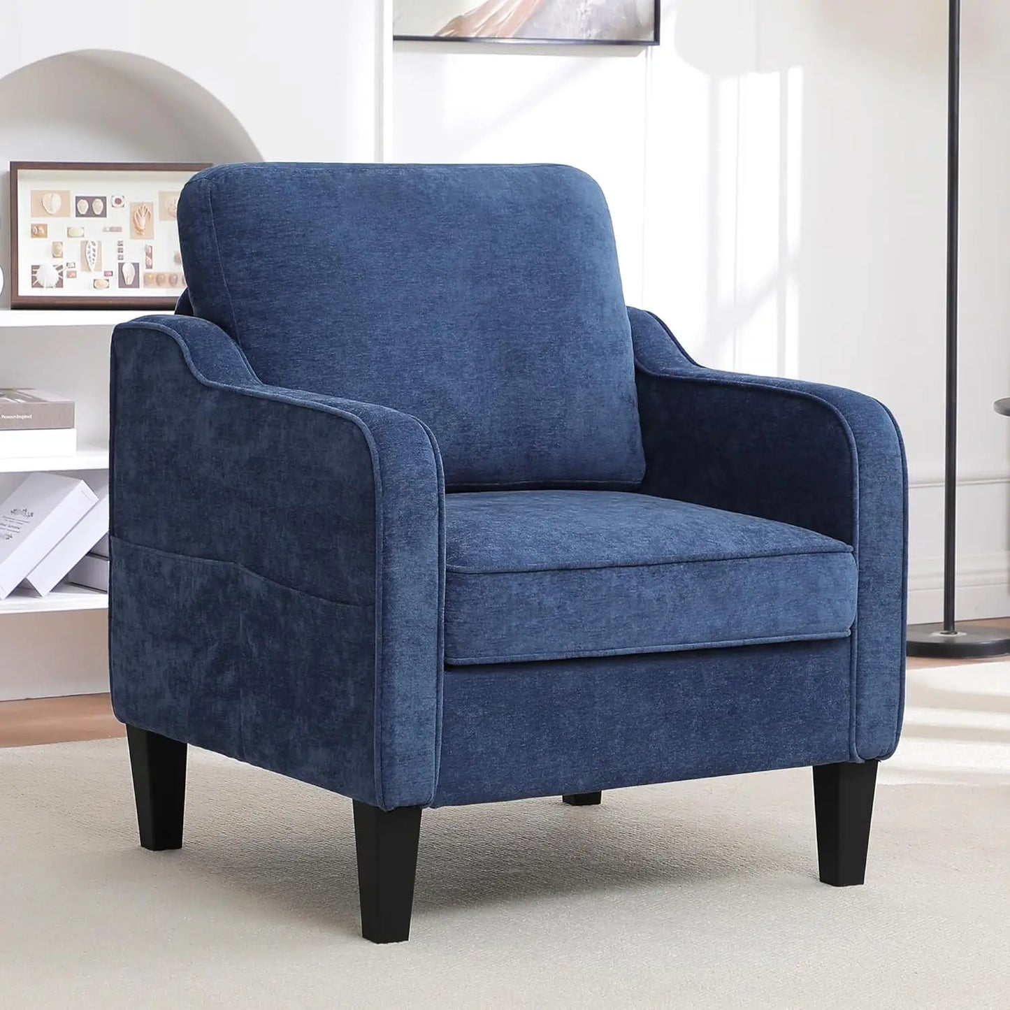 Mid Century Modern Reading Chair for Office, Upholstered Armchair with Side Pockets, Comfy Single