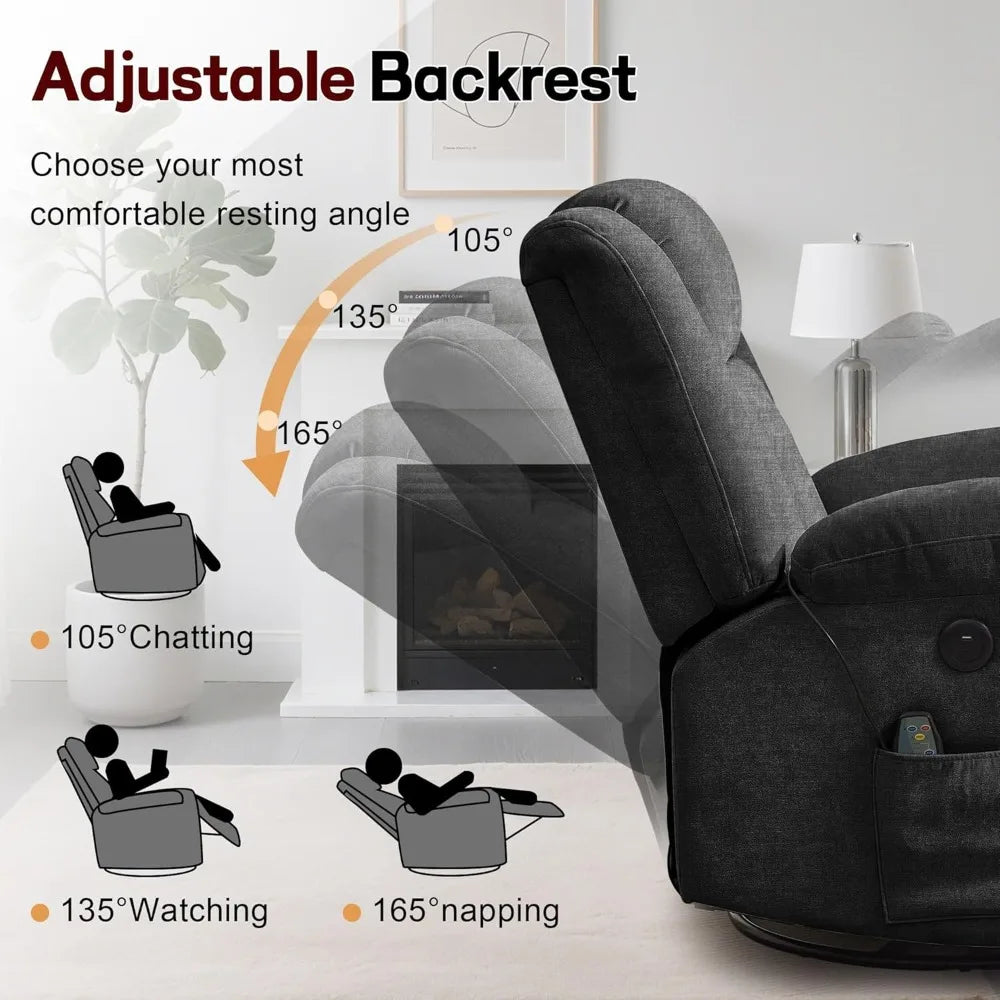 Rocker Recliner, Glider Recliner Chairs for Adults, 360° Swivel Rocking Chair with Massage and Heating, Nursery Chair with Stora
