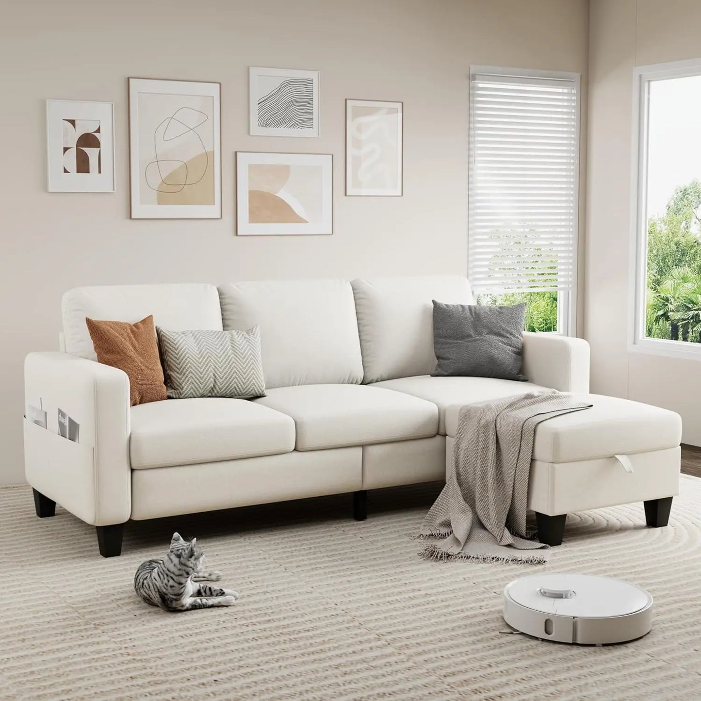 Sectional Sofa Couches, Dark Grey 3 Seat L-Shaped Couch with Storage Ottoman, Comfy Linen Convertible Sectionals