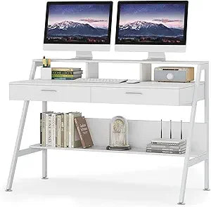 Computer Desk with Storage Shelf & Drawers, Modern 47 inch Office Writing Desk Study Table with Monitor Stand Riser for Home Of