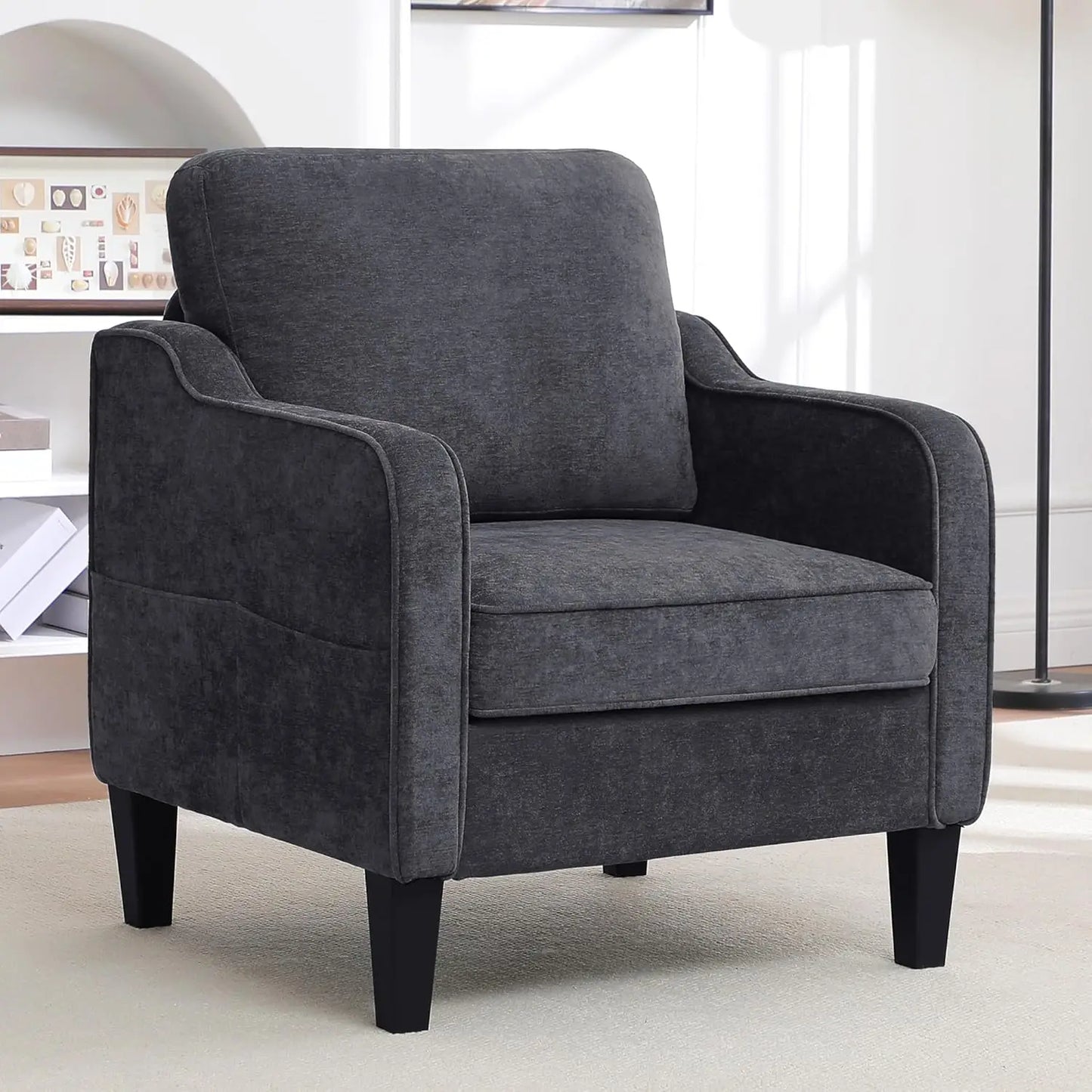 Mid Century Modern Reading Chair for Office, Upholstered Armchair with Side Pockets, Comfy Single