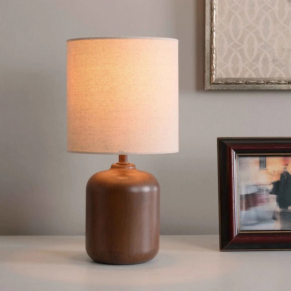 Mini Faux Wood Table Lamp with White Shade Traditional Style Energy Efficient Desk Light Living Room Bedroom Office