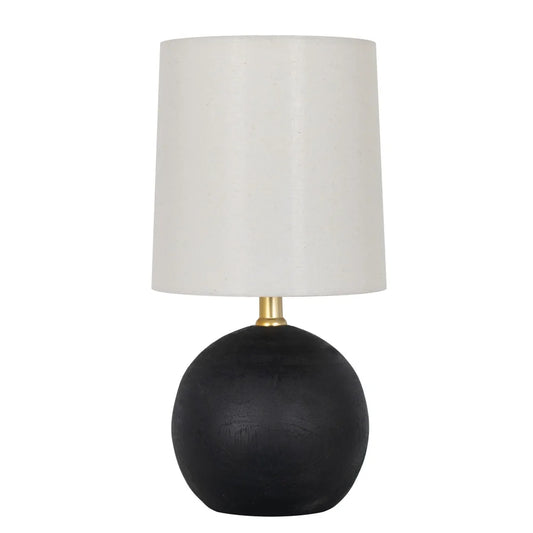 Mini Black Wood Ball Table Lamp with White Fabric Shade 12.5 Inch Stylish Accent Lighting Home Office Bedroom Desk Reading