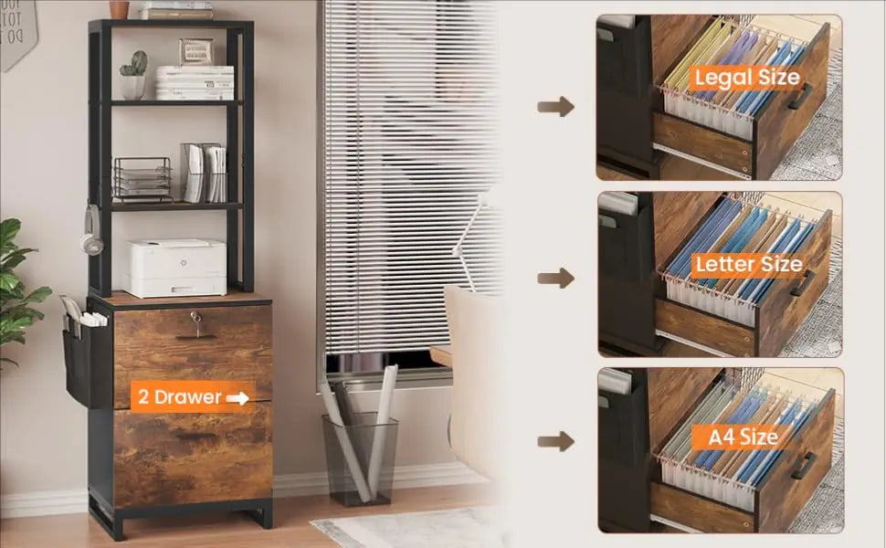 2 Drawer File Cabinet with Lock,Fits Letter, Legal, A4 Size, Hanging File Folders,Adjustable Storage Shelf and Hook,Rustic Brown