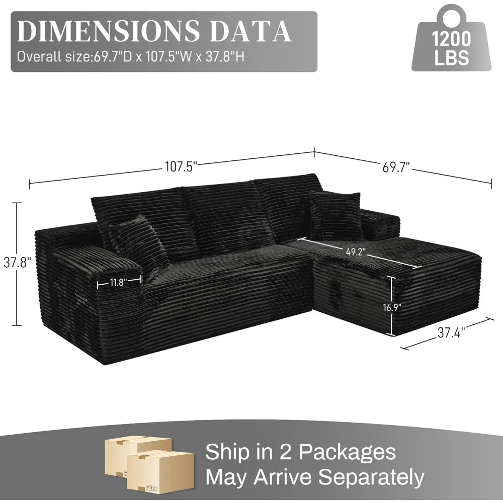 Modular Sectional Sofa Cloud Sectional Couch, 107" Comfy Fluffy L Shaped Black Couches, Deep Seat Memory Foam