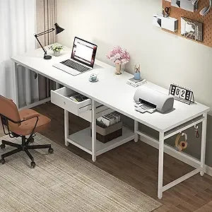 two person desk, 79 inch double desks with 2 drawers, large computer desk long desks with storage shelves, writing table study