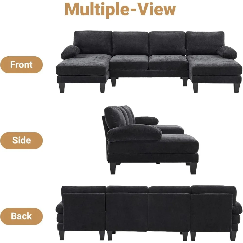 110" Sectional Couches, U Shaped Couch with Double Chaise, 4-Seat Sofa Set with Chenille Fabric