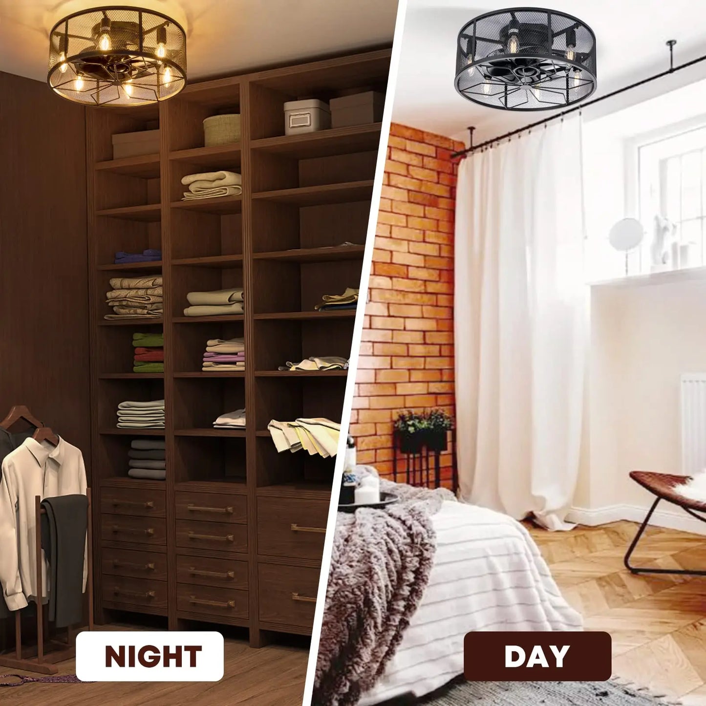 18" Caged Low Profile Ceiling Fan with Light and Remote, Black Flush Mount Fandelier Rustic Farmhouse Lighting & Ceiling Fans