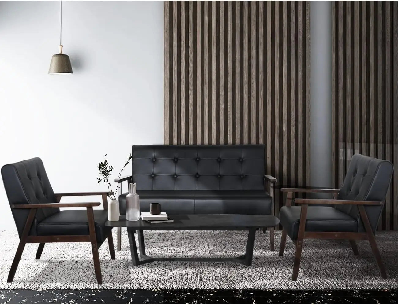 "Black Faux Leather Sofa Set - Loveseat & 2 Accent Chairs, Mid-Century Modern for Office/Waiting Room"