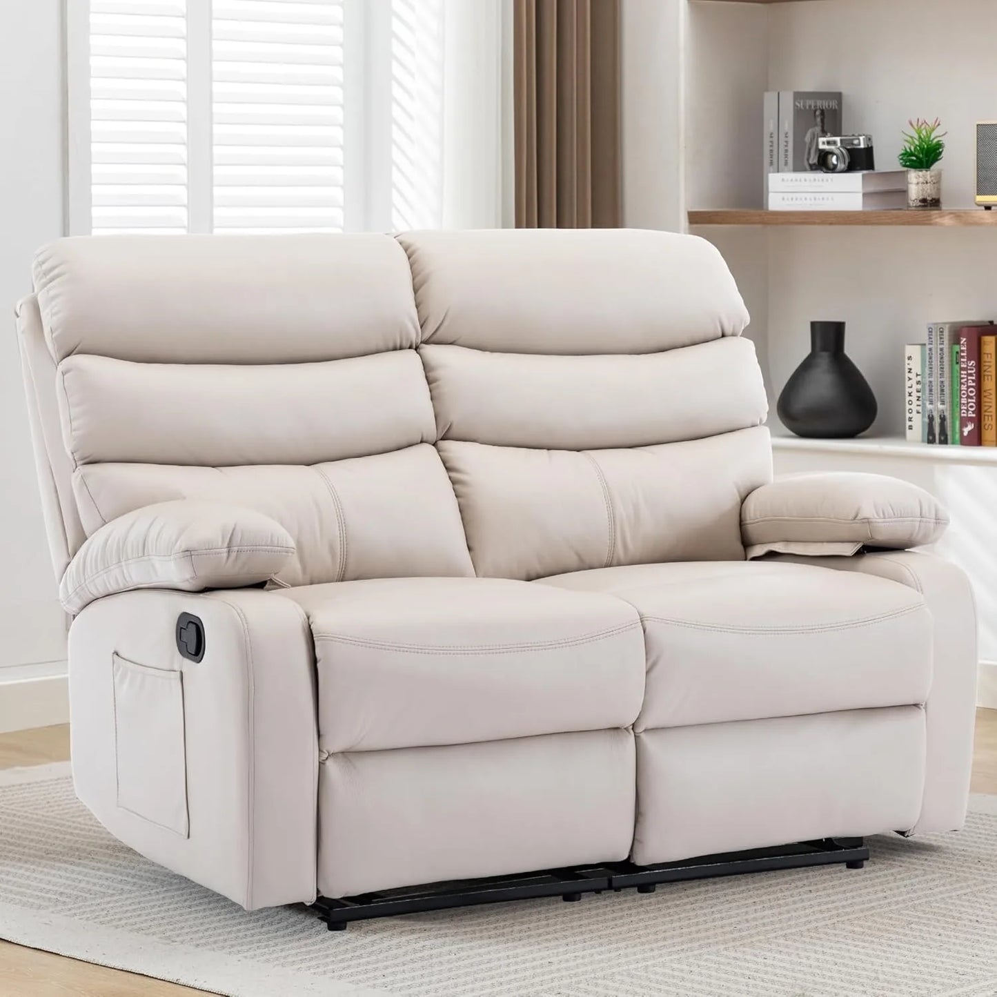 Reclining Loveseat, Leather Double Recliner Sofa with Side Pocket, Wall Hugger Loveseat Recliner