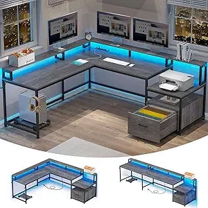 L Shaped Office Desk, 66" Corner L Shaped Computer Desk with File Drawer & Power Outlet for Home Office, Gaming Table with Led
