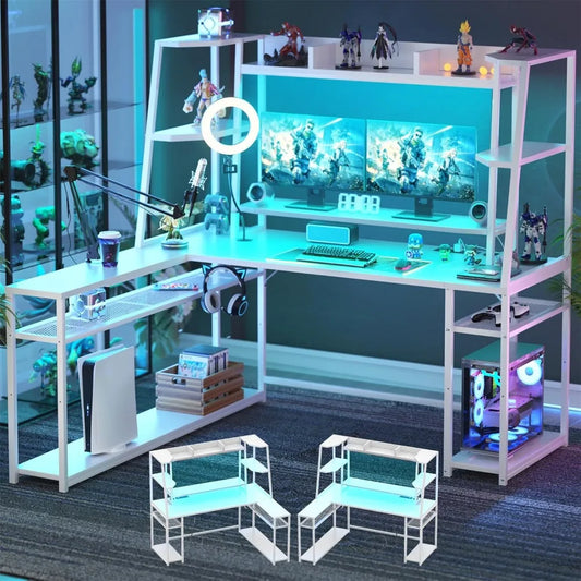 L Shaped Gaming Desk with LED Lights & Power Strips, 63'' Reversible Gaming Table Desk with Hutch, L-Shaped PC Gaming Desk with