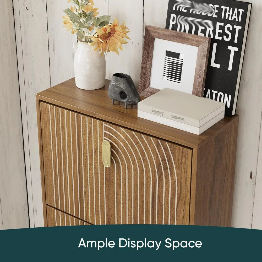 Freestanding Shoe Storage Cabinet with Dual Drawers, 23.6 Wide Metal Handle Shoe Organizer for Entryway and Narrow Spaces