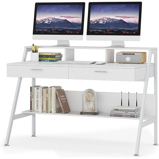 Computer Desk with Storage Shelf & Drawers, Modern 47 inch Office Writing Desk Study Table with Monitor Stand Riser for Home Of