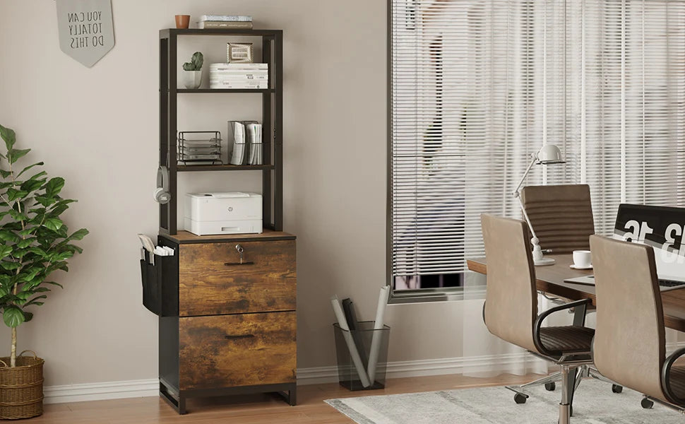 2 Drawer File Cabinet with Lock,Fits Letter, Legal, A4 Size, Hanging File Folders,Adjustable Storage Shelf and Hook,Rustic Brown