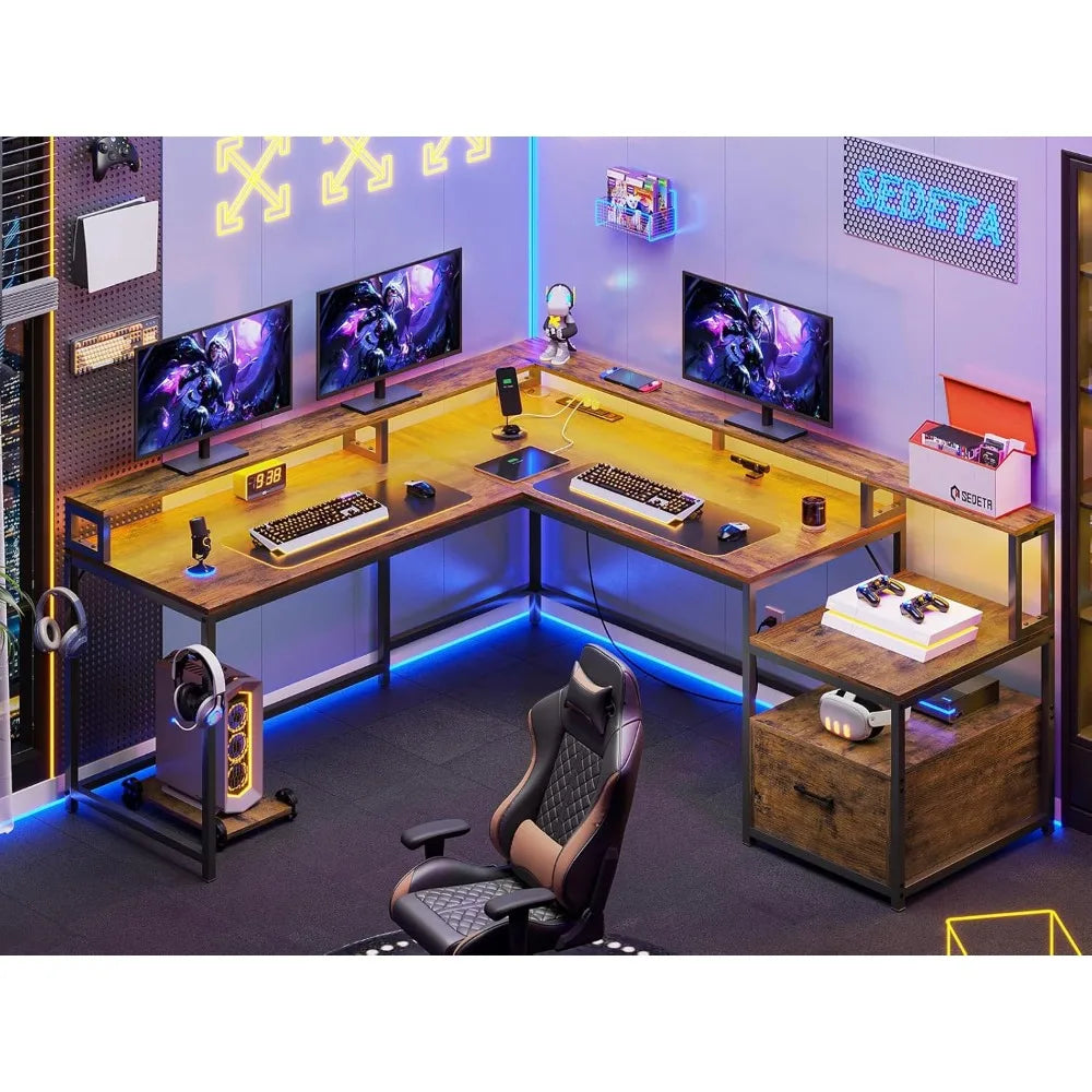L Shaped Office Desk, 66" Corner L Shaped Computer Desk with File Drawer & Power Outlet for Home Office, Gaming Table with Led