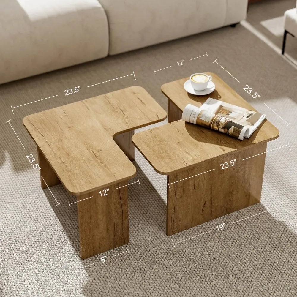 Nesting Coffee Table Set of 2, Natural Wooden L-Shape Square Coffee Table, Small Center Table End Table Sets with Rustic