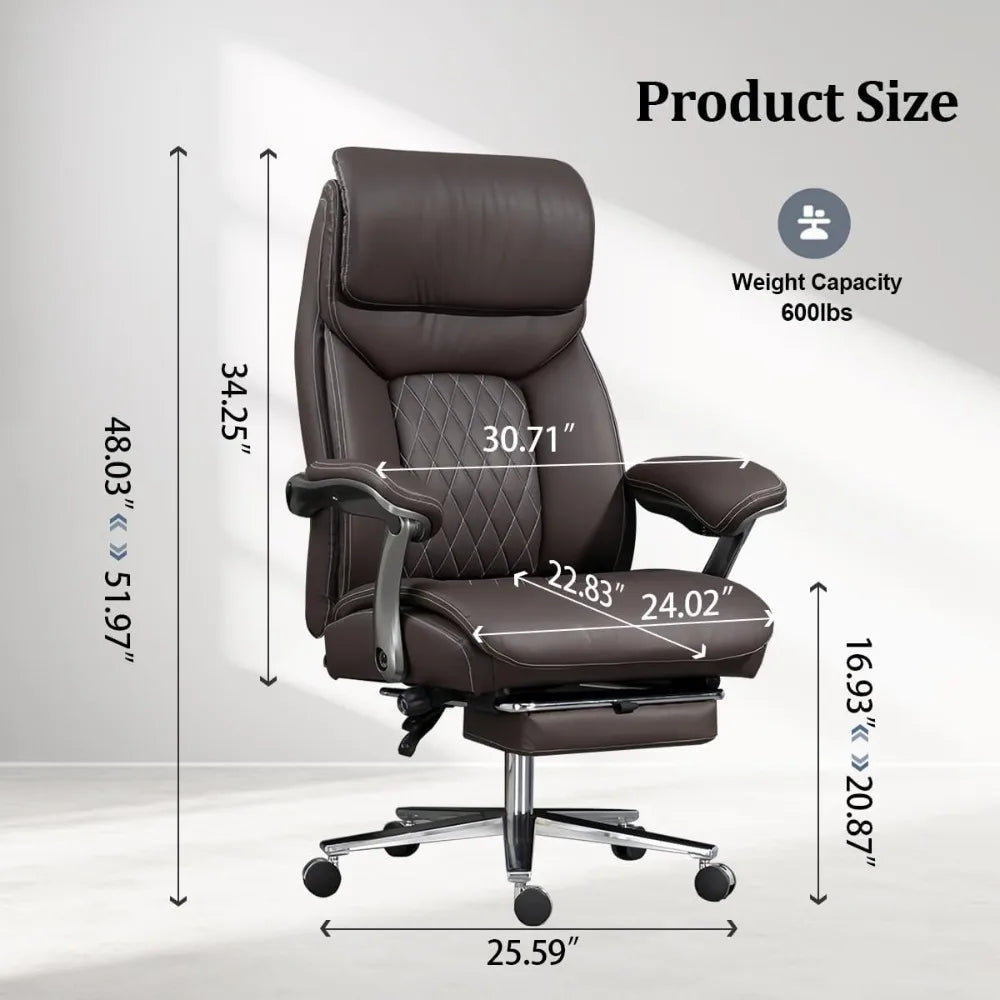 Big and Tall Office Chair 600 lbs Extra Wide Leather Luxury Executive Chair with Retractable Footrest, Heavy-Duty Ergonomic Chai