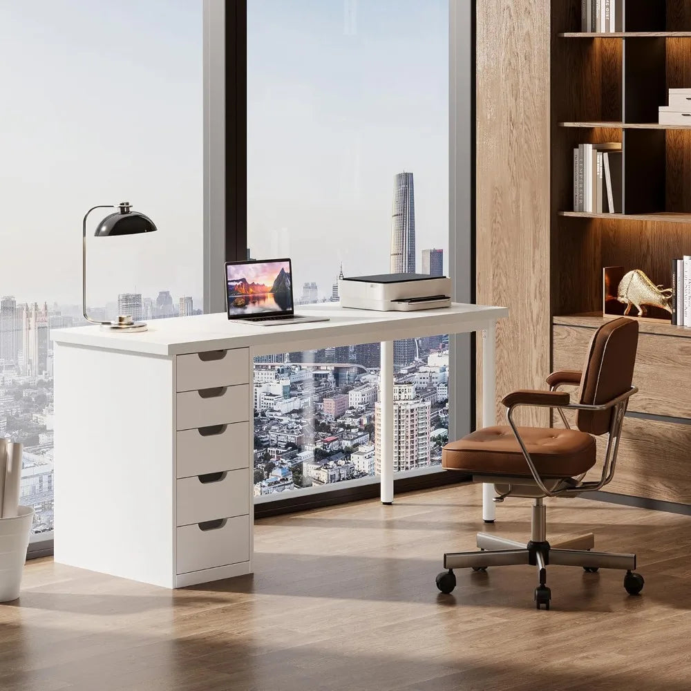 Modern Simple Computer Desk, 47 Inches PC Desk with 5 Reversible Drawers, Rustic Brown Study Writing Table Workstation for Home