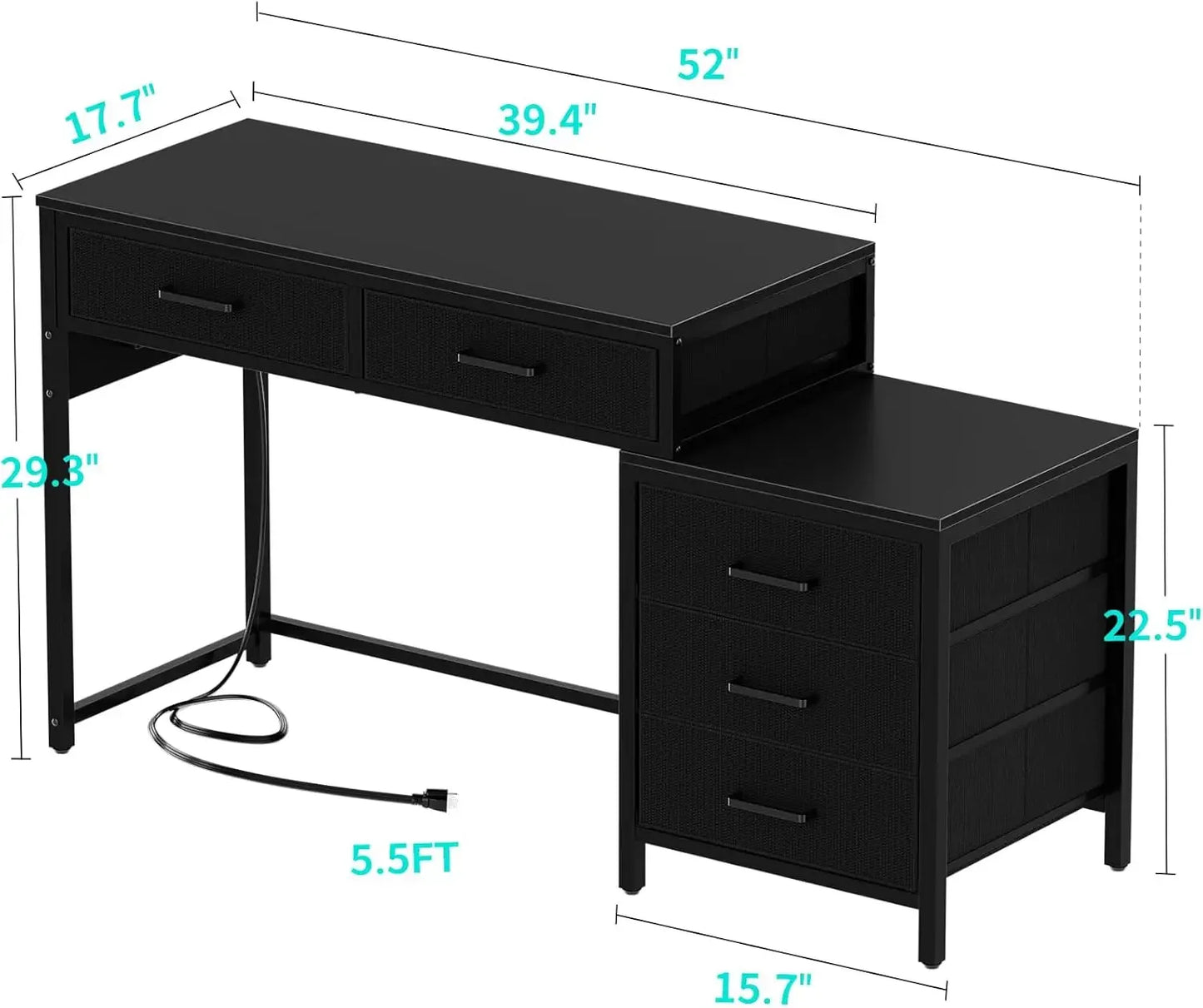 Reversible Computer Desk with 5 Drawers, Sturdy Office Desk with Power Outlets and USB Ports, Corner Writing Table with File